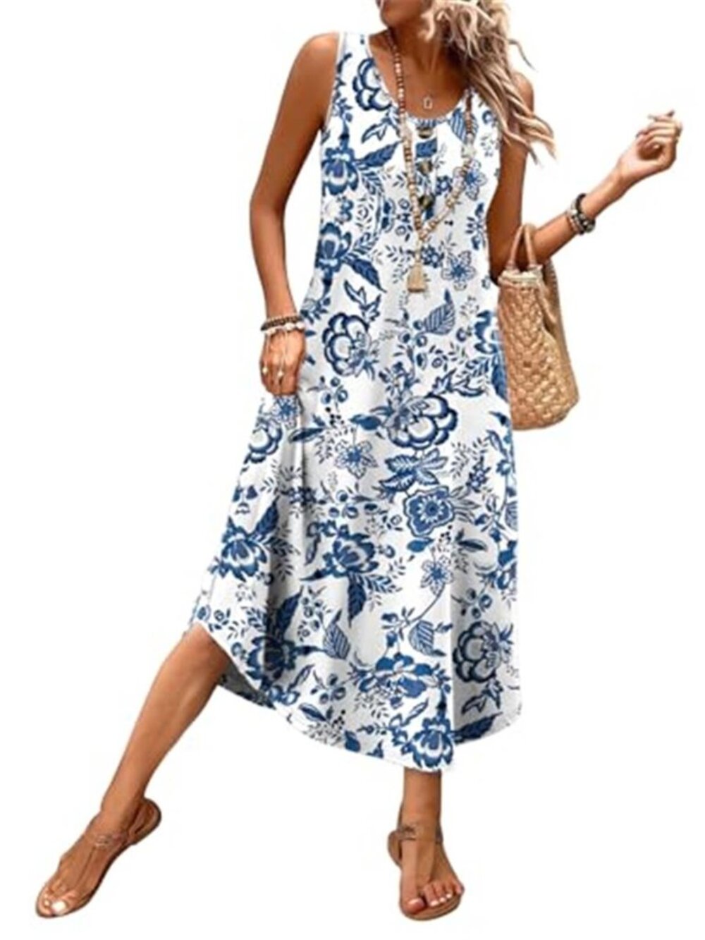 WIHOLL Blue Floral Midi Dress Sleeveless Button Front Sundress Pockets